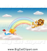 Big Cat Cartoon Vector Clipart of a King Lion and Girl Talking on Rainbow Clouds in the Sky by Graphics RF