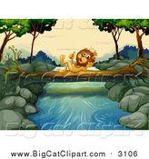 Big Cat Cartoon Vector Clipart of a King Lion Holding up a Finger on a Log over a Creek by