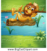 Big Cat Cartoon Vector Clipart of a King Lion Reclined on a Floating Log by
