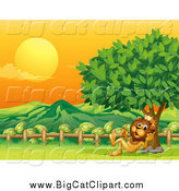 Big Cat Cartoon Vector Clipart of a King Lion Resting Against a Tree with a Mountain View at Sunset by