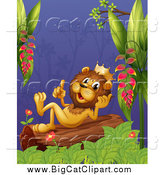 Big Cat Cartoon Vector Clipart of a King Lion Resting and Thinking on a Jungle Log by