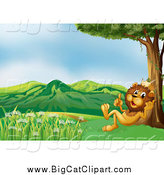 Big Cat Cartoon Vector Clipart of a King Lion Talking Under a Tree by