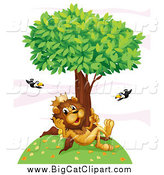 Big Cat Cartoon Vector Clipart of a King Lion Thinking on a Hill Under a Tree with Flying Toucans by