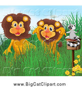 Big Cat Cartoon Vector Clipart of a Lemur on a Mailbox by Two Happy Lions by