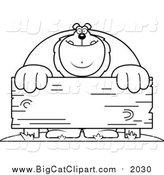 Big Cat Cartoon Vector Clipart of a Lineart Buff Lion Behind a Wooden Sign by Cory Thoman