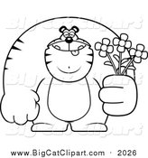 Big Cat Cartoon Vector Clipart of a Lineart Buff Tiger Holding Flowers by Cory Thoman