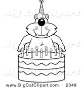 Big Cat Cartoon Vector Clipart of a Lineart Cat Making a Wish over Candles on a Birthday Cake by Cory Thoman