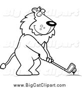 Big Cat Cartoon Vector Clipart of a Lineart Golfing Lion Holding the Club Against the Ball on the Tee by Cory Thoman