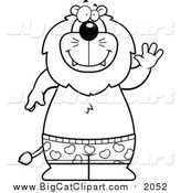Big Cat Cartoon Vector Clipart of a Lineart Happy Lion Waving and Wearing Boxers by Cory Thoman