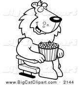 Big Cat Cartoon Vector Clipart of a Lineart Happy Lion with Popcorn at the Movie Theater by Cory Thoman