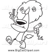 Big Cat Cartoon Vector Clipart of a Lineart Male Lion Using a Comb and Blow Dryer on His Mane by Toonaday