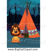 Big Cat Cartoon Vector Clipart of a Lion and a Tipi at Night by