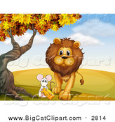 Big Cat Cartoon Vector Clipart of a Lion and Mouse with Cheese Under an Autumn Tree by