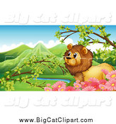 Big Cat Cartoon Vector Clipart of a Lion and Pink Flowers Against a Valley by