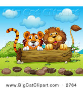 Big Cat Cartoon Vector Clipart of a Lion and Tiger Behind a Log by