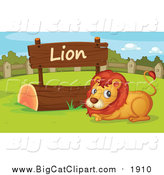 Big Cat Cartoon Vector Clipart of a Lion by a Wooden Sign by