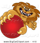 Big Cat Cartoon Vector Clipart of a Lion Character Mascot Grabbing a Red Ball on White by Toons4Biz