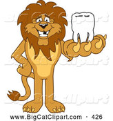Big Cat Cartoon Vector Clipart of a Lion Character Mascot Holding a Tooth in His Paw by Toons4Biz