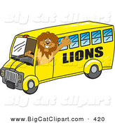 Big Cat Cartoon Vector Clipart of a Lion Character Mascot School Bus Driver Waving Hello by Mascot Junction