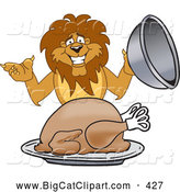 Big Cat Cartoon Vector Clipart of a Lion Character Mascot Serving a Turkey, on White by Toons4Biz