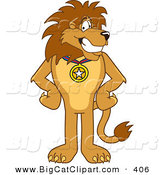 Big Cat Cartoon Vector Clipart of a Lion Character Mascot Wearing a Medal and Smiling by Toons4Biz