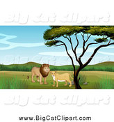 Big Cat Cartoon Vector Clipart of a Lion Couple by a Tree by