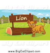 Big Cat Cartoon Vector Clipart of a Lion Cub by a Sign by