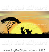 Big Cat Cartoon Vector Clipart of a Lion Cubs Silhouetted with Trees and Grass During Sunset by