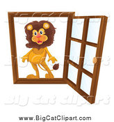 Big Cat Cartoon Vector Clipart of a Lion in an Open Window by