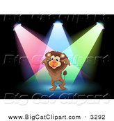 Big Cat Cartoon Vector Clipart of a Lion Performing in Spotlights on a Stage by