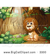 Big Cat Cartoon Vector Clipart of a Lion Sitting in the Woods near a Cabin by