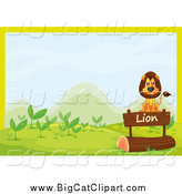 Big Cat Cartoon Vector Clipart of a Lion Sitting on a Sign over a Log by