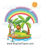 Big Cat Cartoon Vector Clipart of a Lion Stalking Lemurs on a Tropical Island Under a Sun and Rainbow by