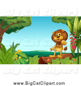 Big Cat Cartoon Vector Clipart of a Lion Standing on a Log by