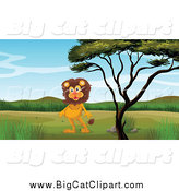 Big Cat Cartoon Vector Clipart of a Lion Standing Upright by a Tree by