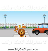 Big Cat Cartoon Vector Clipart of a Lion Tiger Cub and Bear Halting a Car at a Crosswalk by
