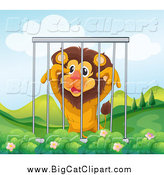 Big Cat Cartoon Vector Clipart of a Lion up in a Cage in a Hilly Landscape by