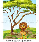 Big Cat Cartoon Vector Clipart of a Lion Waving Under a Tree on a Clear Day by