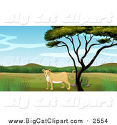 Big Cat Cartoon Vector Clipart of a Lioness Under a Tree by
