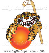Big Cat Cartoon Vector Clipart of a Mad Cheetah, Jaguar or Leopard Character School Mascot Grabbing a Hockey Ball by Toons4Biz