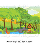Big Cat Cartoon Vector Clipart of a Mad Lion Sitting at a Pond in a Forest by