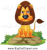 Big Cat Cartoon Vector Clipart of a Mad Lion Sitting on a Boulder by