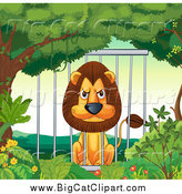 Big Cat Cartoon Vector Clipart of a Mad Male Lion in a Cage by