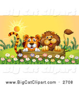 Big Cat Cartoon Vector Clipart of a Male Lion and Tiger Peeking Behind a Log at Sunset by