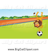 Big Cat Cartoon Vector Clipart of a Male Lion Balancing on a Soccer Ball by