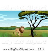 Big Cat Cartoon Vector Clipart of a Male Lion by a Tree on a Sunny Day by