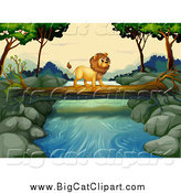 Big Cat Cartoon Vector Clipart of a Male Lion Crossing a Stream on a Fallen Log by