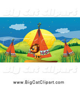 Big Cat Cartoon Vector Clipart of a Male Lion Emerging from a Tipi in a Camp by