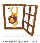 Big Cat Cartoon Vector Clipart of a Male Lion in an Open Window by