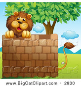 Big Cat Cartoon Vector Clipart of a Male Lion Looking over a Brick Wall Under a Tree by